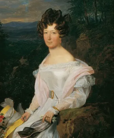 Dame In Weisem Kleid Vor Einer Wienerwaldlandschaft