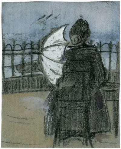 Dame Met Parasol Zit Op De Pier In Scheveningen