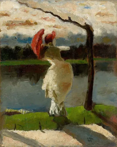 Dame Mit Sonnenschirm Am Ufer Der Loire