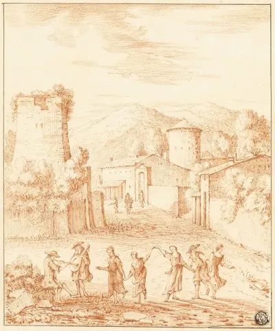 Dancers And Musicians Before Village With Ruined Tower