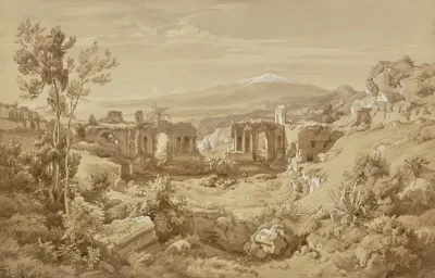 Das Antike Theater Von Taormina Im Hintergrund Der Rauchende Atna