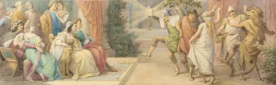 Das Herrscherpaar Theseus Und Hippolyta Die Brautpaare Demetrius Und Helena Sowie Lysander Und Hermia Verfolgen Das Von Den Handwerkern Dargebotene Schauspiel