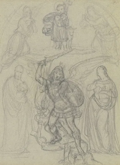Das Jesuskind Mit Kreuz Und Dem Lamm Von Zwei Engeln Und Zwei Heiligen Verehrt Darunter Der Erzengel Michael Satan Sturzend