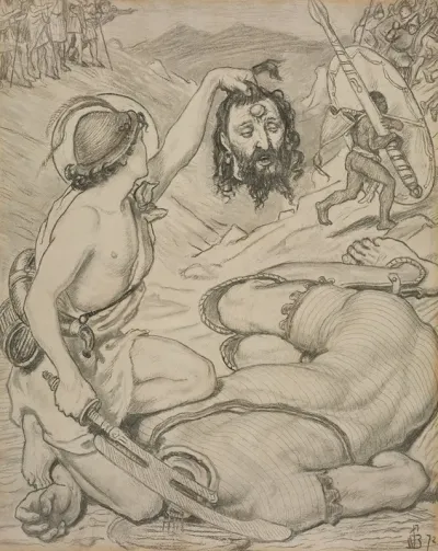 David And Goliath Cartoon For Stained Glass Window At Jesus College Cambridge