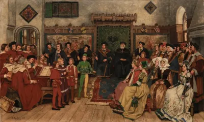 De Toonzetter Benedictus Des Hertogen Met Stadsspeellieden En Zangers Voor De Nieuwe Magistraat