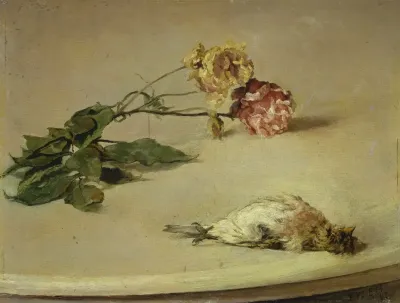 Dead Bird And Two Roses On A Table Board