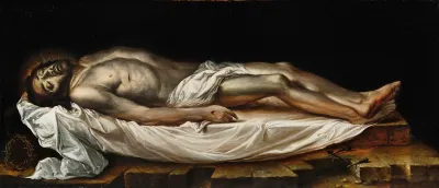 Dead Christ Laid On A White Cloth With The Crown Of Thorns And Nails