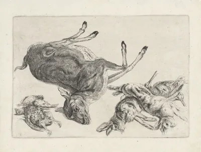 Dead Deer Lying On Its Right Side Two Dead Hares And Two Snipes At Right Three Dead Birds At Left