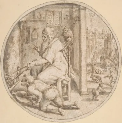 December And Old Man Seated By A Hearth With A Young Man Blowing On The Fire