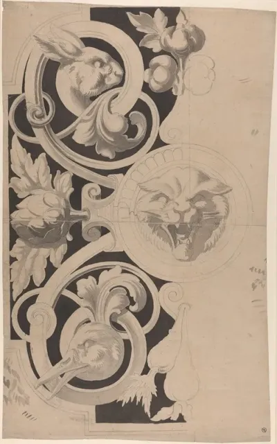 Decorative Design With Heads Of A Cat Hare And Goose
