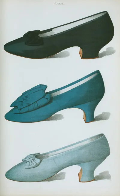 Deep Rich Purple Satin Shoe With Bow Made By Meier Of Paris English Shoe Of Bright Blue Silk Pale Blue Silk Shoe
