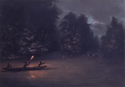 Deer Hunting By Torchlight In Bark Canoes