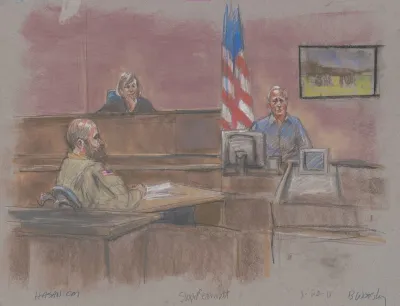 Defendant Nidal Malik Hasan During His Court Martial With Witness Stephen Bennett And Judge