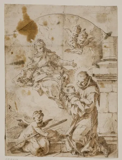 Den Hellige Antonius Af Padova Knaelende Med Jesusbarnet I Sine Arme Mens Jomfru Maria Og Engle Abenbarer Sig I Skyen