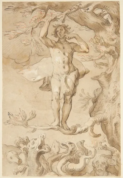 Den Menneskelige Glaedes Skrobelighed En Mand Der Jages Af En Drage Klynger Sig Til En Gren Mens Han Slikker Honning Af Sin Finger