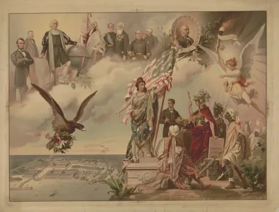 Depiction Of Chicago Worlds Fair In Lower Left Allegorical Figures On The Right Historical Figures In The Upper Center