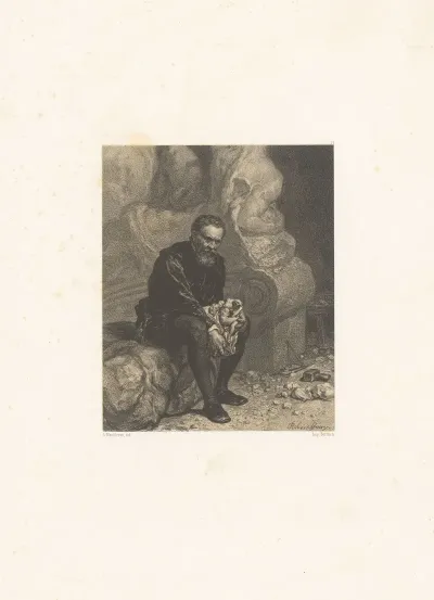 Depressed Looking Man Sits With A Small Sculpture Among Larger Statues