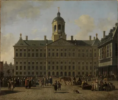 Der Damplatz Zu Amsterdam Mit Dem Rathaus Und Der Waage