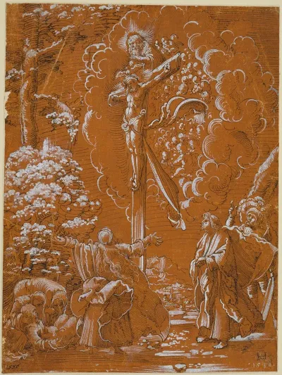 Der Gekreuzigte Christus Gottvater Und Der Heilige Geist In Einer Landschaft Mit Assistenzfiguren