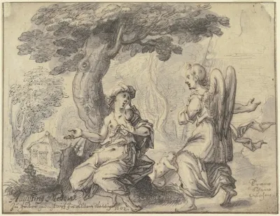 Der Hagar Die Unter Einem Baum Sitzt Erscheint Von Rechts Kommend Ein Engel Zwischen Ihnen Liegt Ismael Schlafend Am Boden