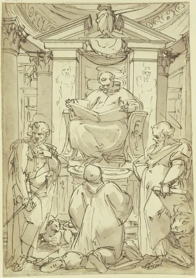 Der Heilige Benedikt Mit Aufgeschlagenem Buch Auf Einem Postament Vor Aedicula Und Kuppelansatz Sitzend Neben Ihm Die Heiligen Johannes Der Taufer Und Lukas