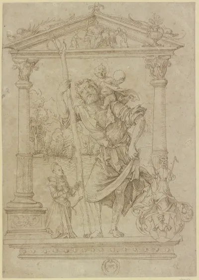 Der Heilige Christophorus Mit Kniendem Stifter In Renaissance Umrahmung