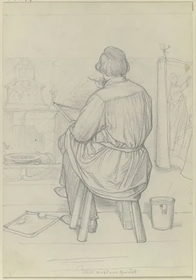 Der Maler Leopold Bode Als Ruckenfigur Sitzend Bei Der Arbeit