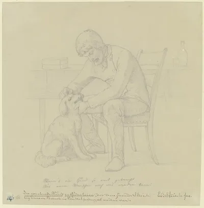 Der Sprechende Hund Zu Rudesheim Ein Mann Mit Dem Hund An Einem Tisch Sitzend