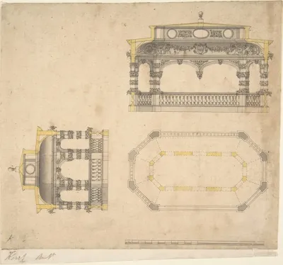 Design For A Bath In The Form Of An Elongated Polygonal Temple Plan And Two Elevations