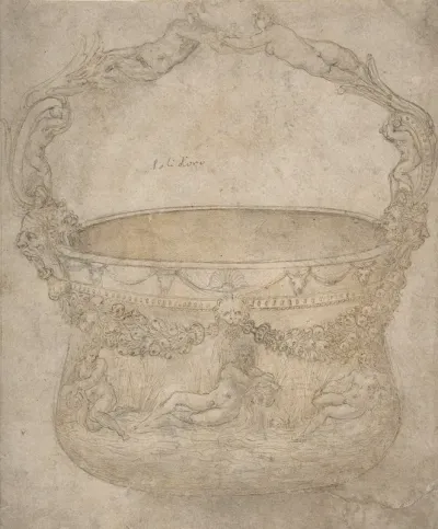 Design For A Bucket Like Vessel With A Handle Of Interlaced Figures On A Body Adorned With Bucrania Garlands And Three River Gods