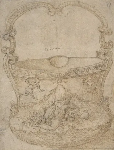 Design For A Bucket Like Vessel With A Handle Of Non Figural Interlaces On A Body Adorned With A River God And Two Putti