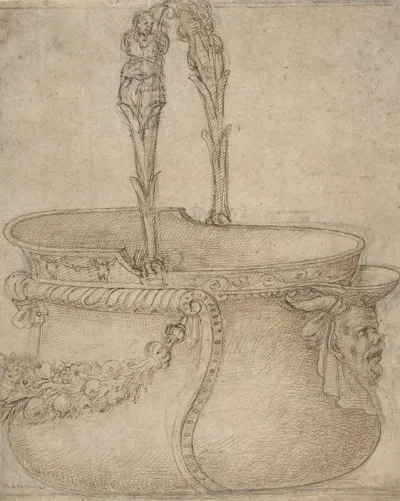 Design For A Bucket Like Vessel With A Handle Of Two Interlaced Captives On A Body Adorned With A Scroll Garland And A Spout With A Satyrs Head