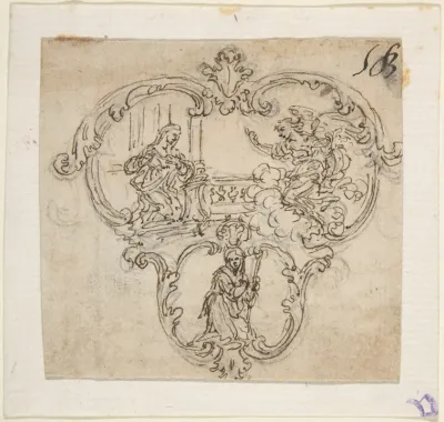 Design For A Cartouche With An Annunication Above And A Kneeling Figure With Staff Below