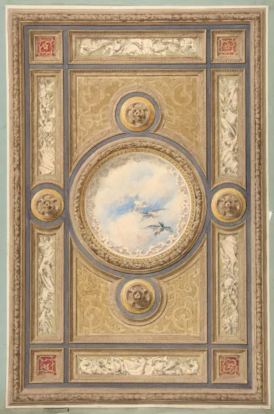 Design For A Carved And Painted Ceiling With Clouds And Ducks In The Central Circular Panel