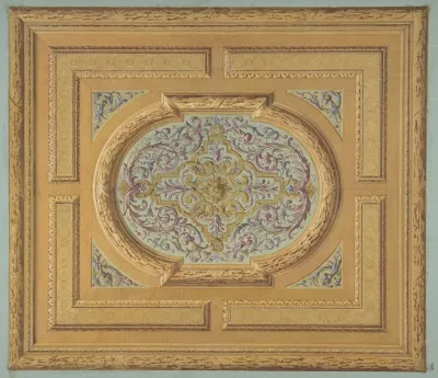 Design For A Ceiling Decorated With Bands Of Oak Leaves And A Central Panel Of Scrolls And Rinceaux