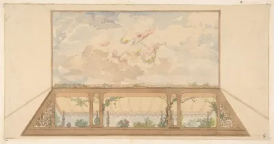 Design For A Ceiling Painted With A Trompe Loeil Awning And Putti In Clouds