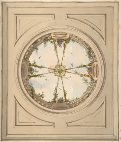 Design For A Ceiling Painted With Clouds And Trellis Work