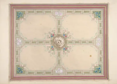 Design For A Ceiling With Floral Accents And Greek Key Border