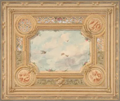 Design For A Ceiling With Four Medallions And Sky Motif In Center