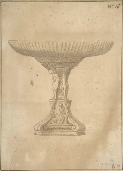 Design For A Cup Supported By Standing Nudes With Standard Of Seated Figure With Book And Bird