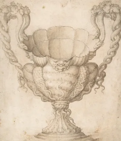 Design For A Decorated Drinking Cup With Floriated Heads Around Large Mouth Intertwined Serpents As Handles