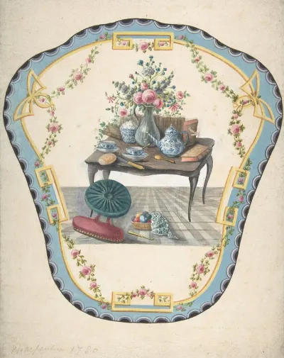 Design For A Firescreen With A Table With A Vase Of Flowers Books And Teapot