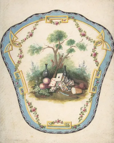 Design For A Firescreen With Picnic Scene And Playing Cards