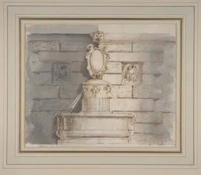 Design For A Fountain At A Street Corner Decorated With Putti Heads A Coat Of Arm And A Gargoyle Head On The Top