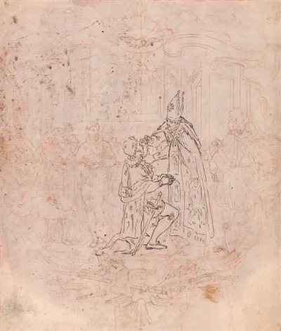 Design For A Frontispiece A Bishop Conferring An Honor Scene Within A Cartouche