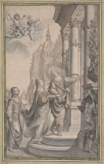 Design For A Frontispiece A Man Guiding A Crowned Woman And Her Attendants To The Entrance Of A Palace