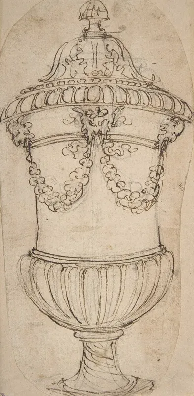 Design For A Lidded Gadrooned Vase With Satyr Heads Holding Garlands