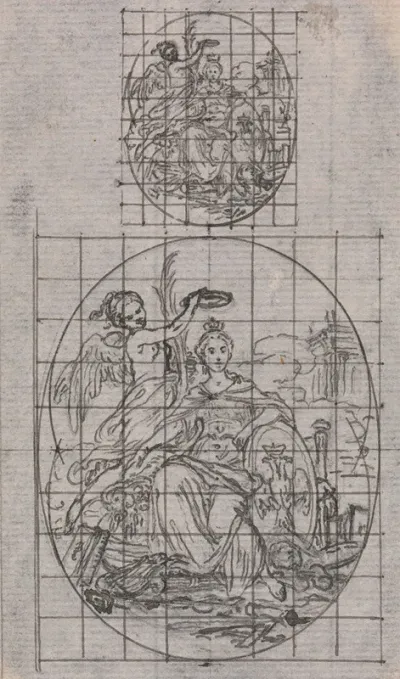 Design For A Medal Seated Women Being Crowned By A Winged Genius