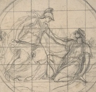 Design For A Medallion Huntress Kneeling Before An Armed Goddess