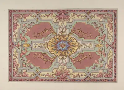 Design For A Painted Ceiling With Strapwork And Foliage On A Rose Background